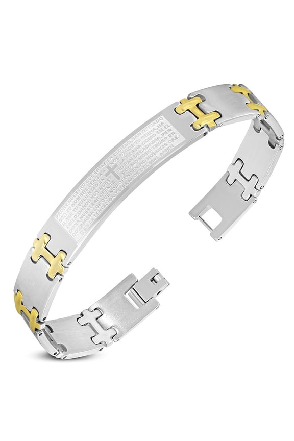 Stainless Steel Two-Tone Padre Nuestro Cross Prayer Mens Link Bracelet, 8"