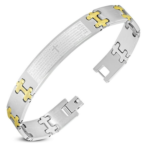 Stainless Steel Two-Tone Padre Nuestro Cross Prayer Mens Link Bracelet, 8"