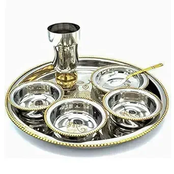 Stainless Steel Two -Tone Thali Set of 7 pcs, 1 Dinner Plate, 1 Halwa Plate, 2 Katori/Bowl, 1 Glass, 1 Spoon. Brass Steel Lunch/Dinner Set of 7 pieces- Rakshabandhan Gift for Sisters.