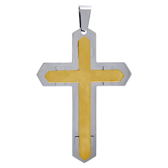 Stainless Steel Two-tone Mens Two Layer Cross Religious Charm Pendant Necklace for Men