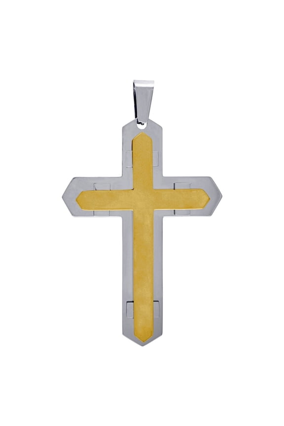 Stainless Steel Two tone Mens Two Layer Cross Religious Charm Pendant Necklace for Men