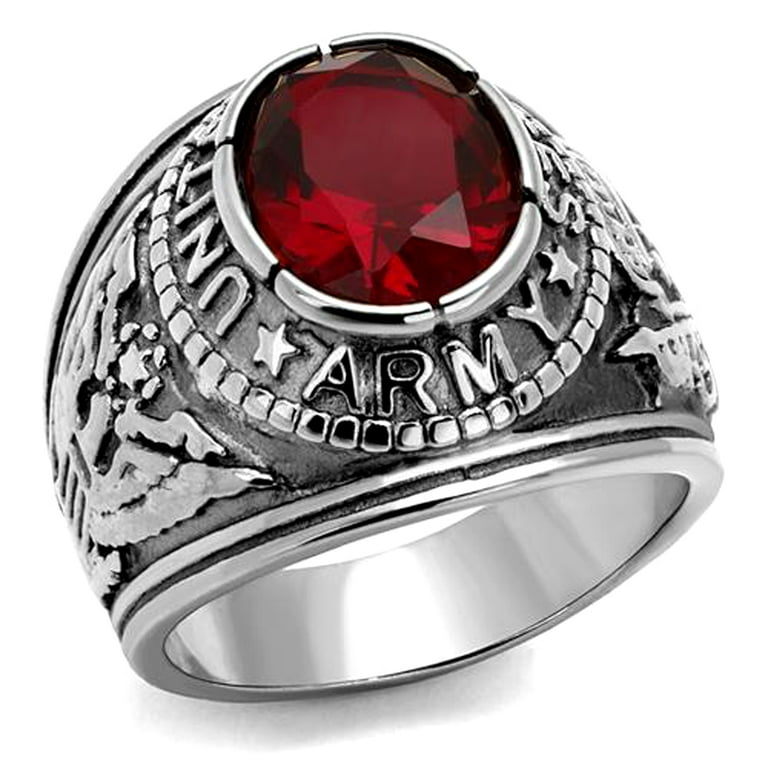 Stainless Steel US Army Military Ring with Red Stone Size 10