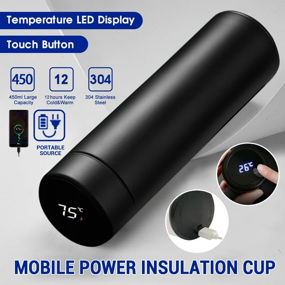 Stainless Steel USB Mobile Power Thermos, Smart Kettle with LCD Temperature Display, Black Color for Travel