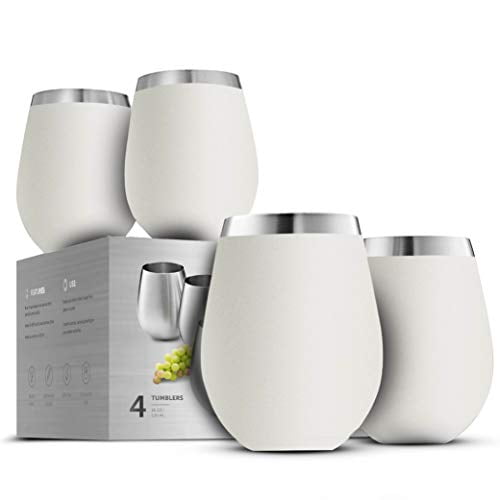 Stainless Steel Unbreakable Wine Glasses - 18 Ounce Set of 4 Wine glasses. Premium Grade 18/8 Stainless Steel Red & White Stemless Wine Glasses set, (Pure Pearly White)