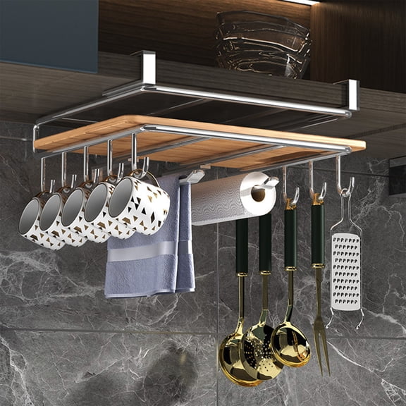 Stainless Steel Under Shelf Mug Rack - Multipurpose Kitchen Organizer for Coffee Cups, Cutting Boards, and Paper Towels Silver