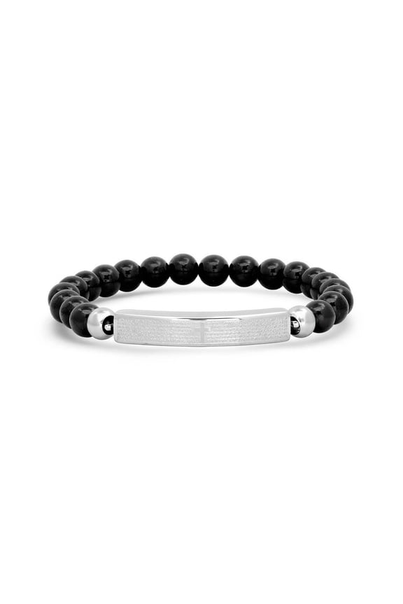 Stainless Steel Unisex Lords Prayer Religious ID Black Beaded Bracelet