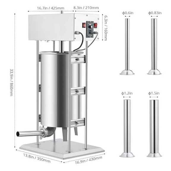 Stainless Steel Upright Sausage Stuffing Machine - 10/15/25L Benchtop Electric Model, Dual Speed, Easy to Clean, 200W Powerful Motor, Infinitely Adjustable Speed, Includes 5 Sausage Tubes