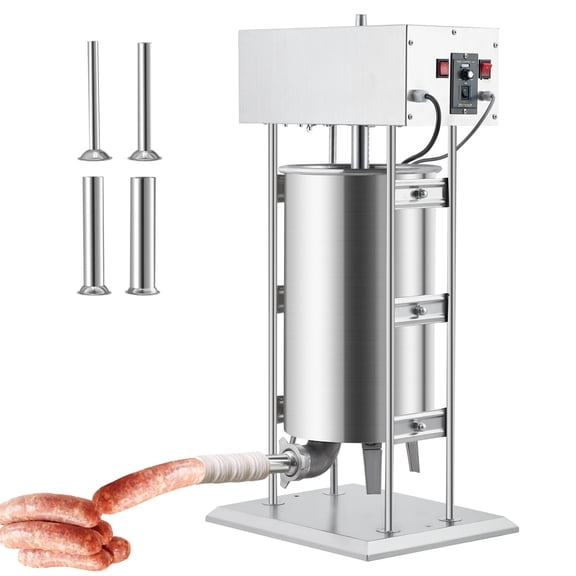 Stainless Steel Upright Sausage Stuffing Machine - Silver, Dual Speed, Easy to Clean, Benchtop Electric Model, 200W Powerful Motor, Infinitely Adjustable Speed, Includes 5 Sausage Tubes，10L/15L/25L