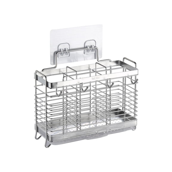 Stainless Steel Utensil Drying Rack, No Drilling 3 Compartments Hanging Chopstick Holder with Hooks, 1 Pack Wall Mount Countertop Dual Use Kitchen Storage Organizer, For Fork Spoon Cutlery Drainage a
