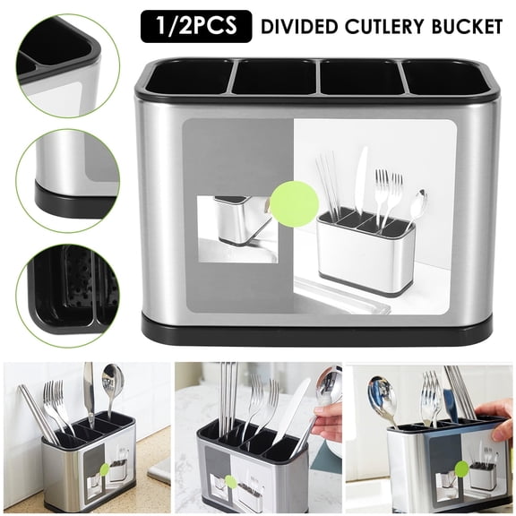 Stainless Steel Utensil Holder Caddy 4 Compartment Flatware Organizer For Countertop (silver )