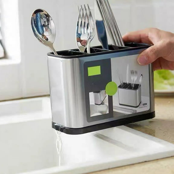 Stainless Steel Utensil Organizer | Compartmentalized Cutlery Holder | Chopstick Dispenser | Filterable Kitchen Shelf | Multi-Color | 7x5.1x3.4in | Countertop or Wall Mounted