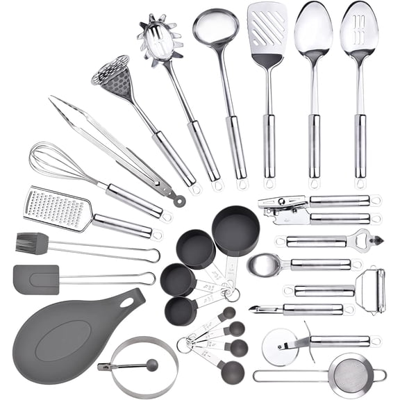 Stainless Steel Utensil Set, 28 Pcs Cooking Gadgets and Tools With Holder - Best Kitchen Tool Set Gift