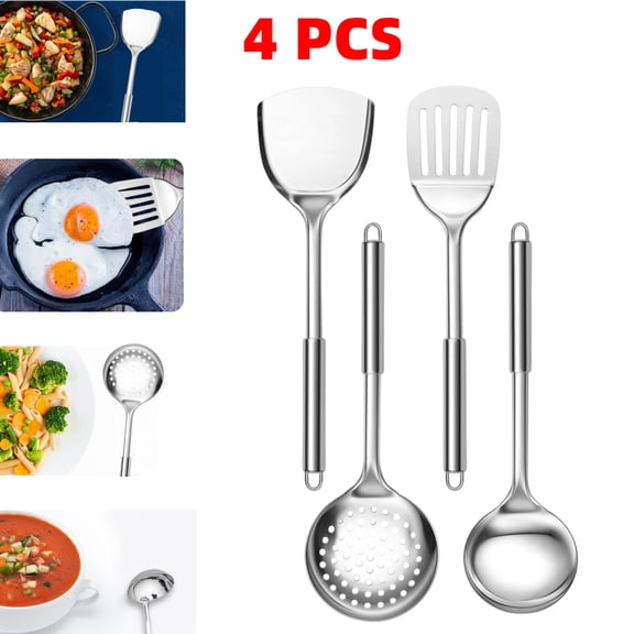 Stainless Steel Utensils Set, 4-Piece Non-toxic Kitchen Utensils Set,  Include Metal Spatula Set, Kitchen Skimmer, Soup Ladle, Kitchen Gadgets Essentials New Home Must Have