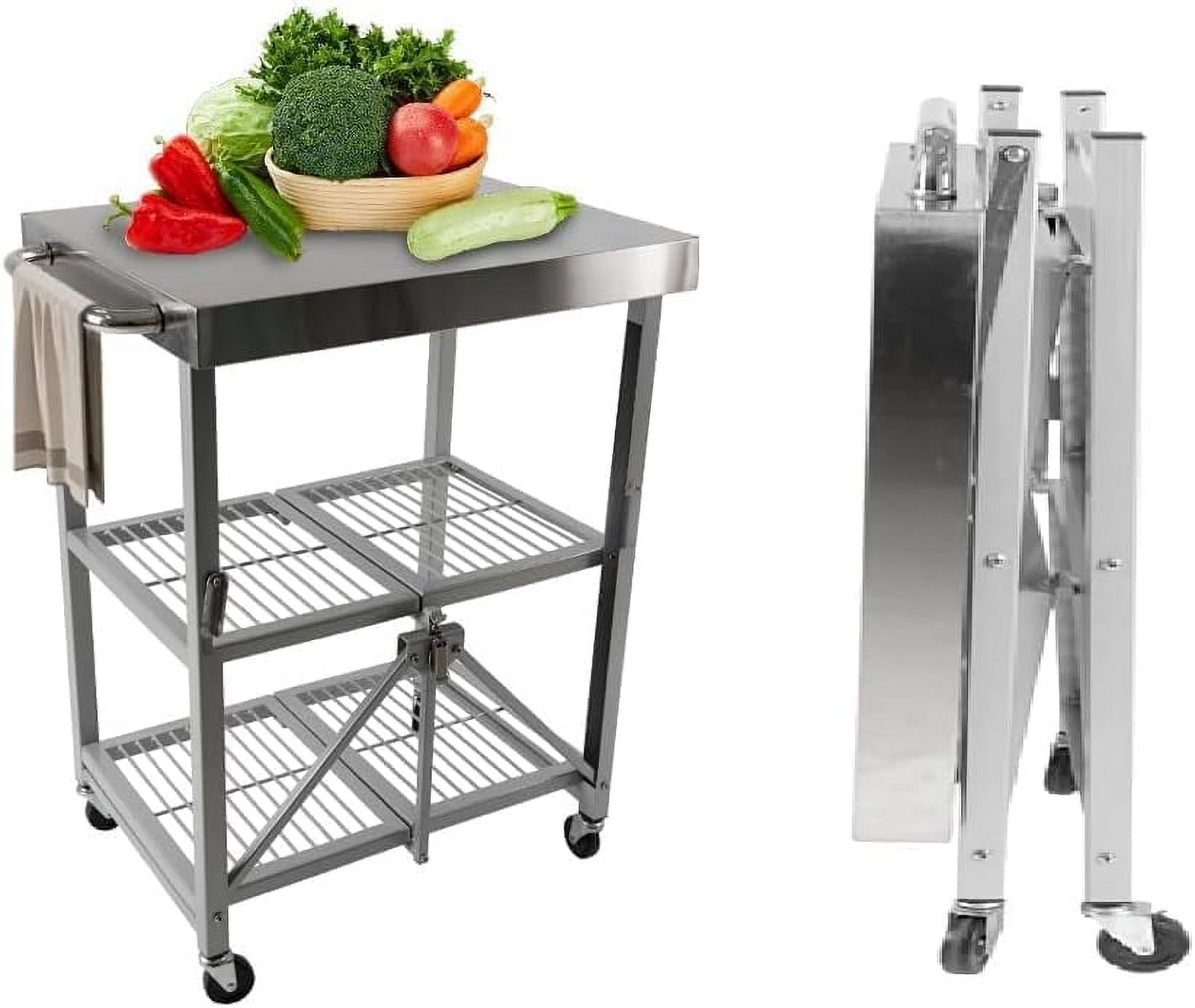 Stainless Steel Utility Cart with Wheels, 3 Tier Foldable Rolling Service Cart, Top Work Table Food Prep Table Kitchen Island for Restaurant, Dining Room, Hotel