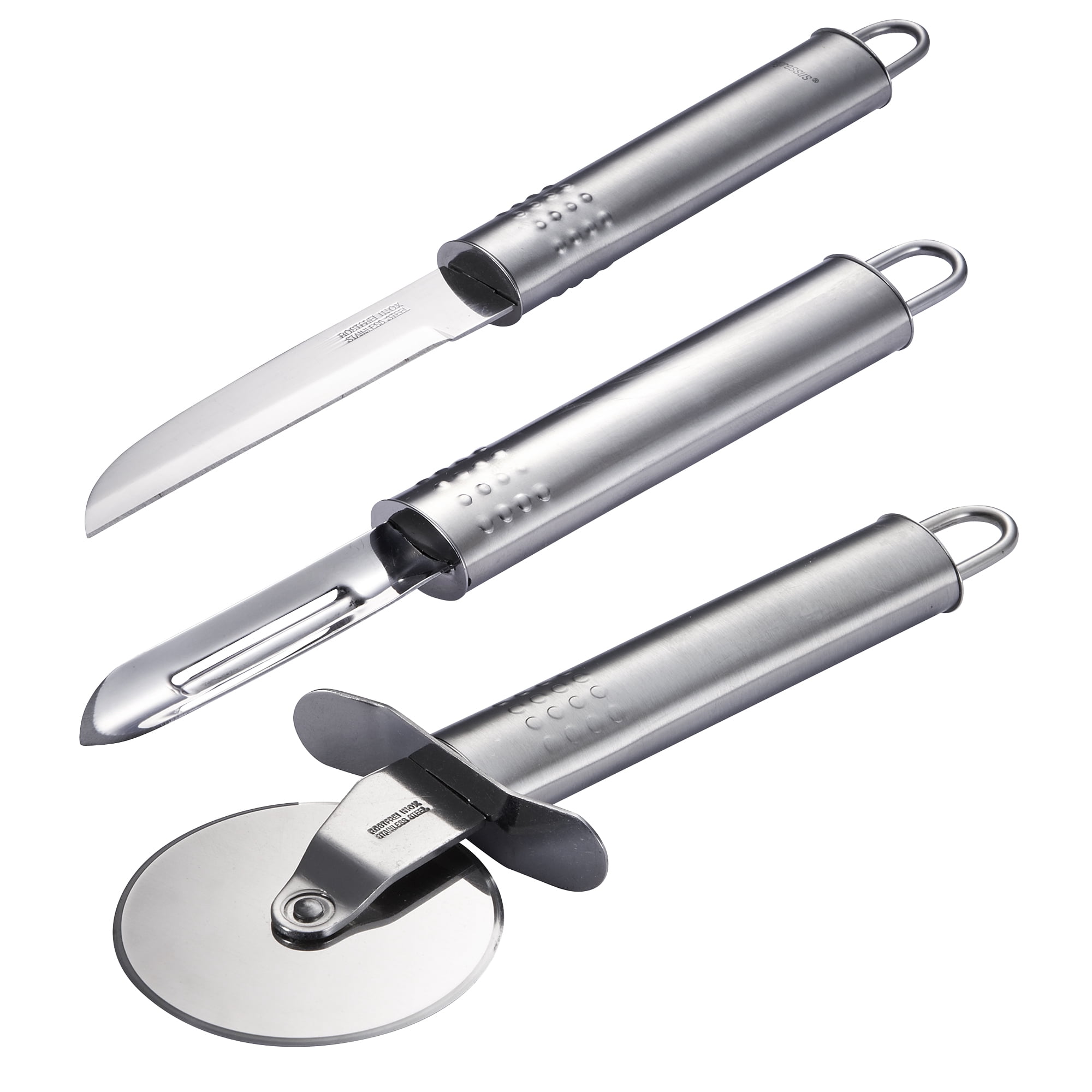 Stainless Steel Utility Knife, Vegetable Peeler, and Pizza Cutter Set