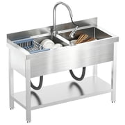 Stainless Steel Utility Sink 2-Compartment Commercial Sink with Pull-out Faucet, Free Standing Double Bowl Kitchen Sink for Restaurant, Garage, Shop, Cafe, Outoor, 21" x 45.3" x 37"