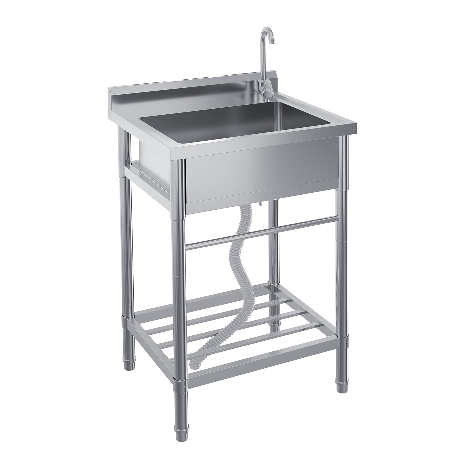 Stainless Steel Utility Sink, 24 Inch Single Bowl Free Standing Sink with Faucet & Hot & Cold Water Plumbing for Laundry Room, Kitchen, Garage, Workshop, Outdoor Use, Deep Basin, Heavy-Duty