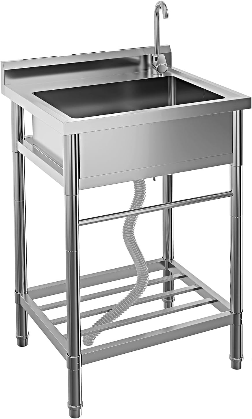 Stainless Steel Utility Sink, 24x20 in Freestanding Laundry Sink with Cold and Hot Water Pipe, 360 Rotating Faucet & Storage Shelf, Rust Resist & Easy to Clean for Kitchen