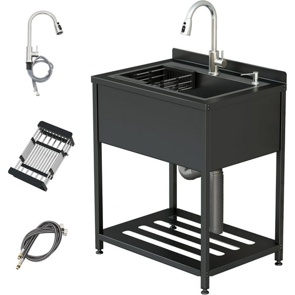 Stainless Steel Utility Sink, 25.7" × 20.7" × 39.5"Freestanding Sink with Cold and Hot Water Faucet,Hoses and Drain Kit for Kitchens, Bathrooms, Garage, Laundry Room