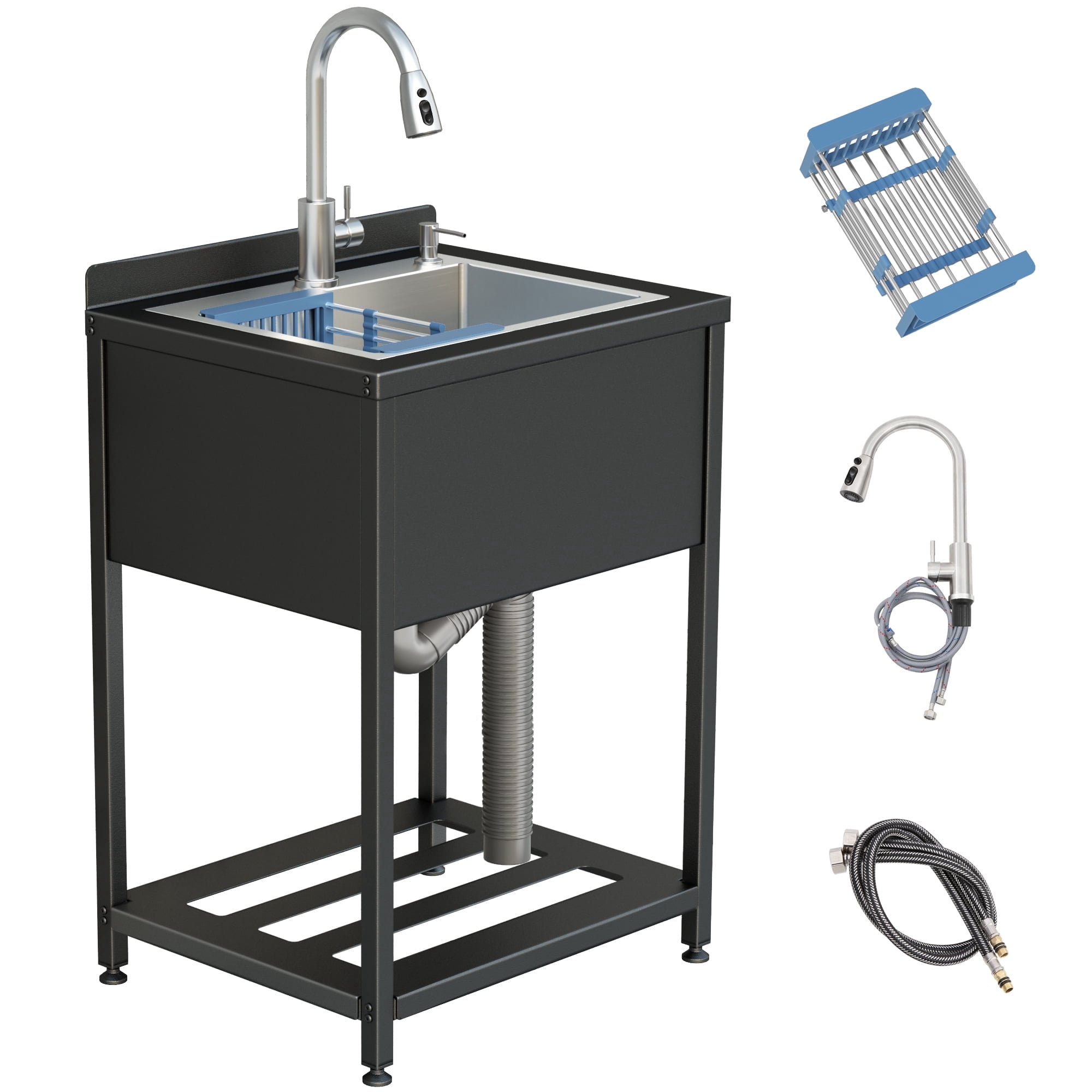 Stainless Steel Utility Sink, 25.7" × 20.7" × 39.5"Freestanding Sink with Cold and Hot Water Faucet,Hoses and Drain Kit for Kitchens, Bathrooms, Garage, Laundry Room