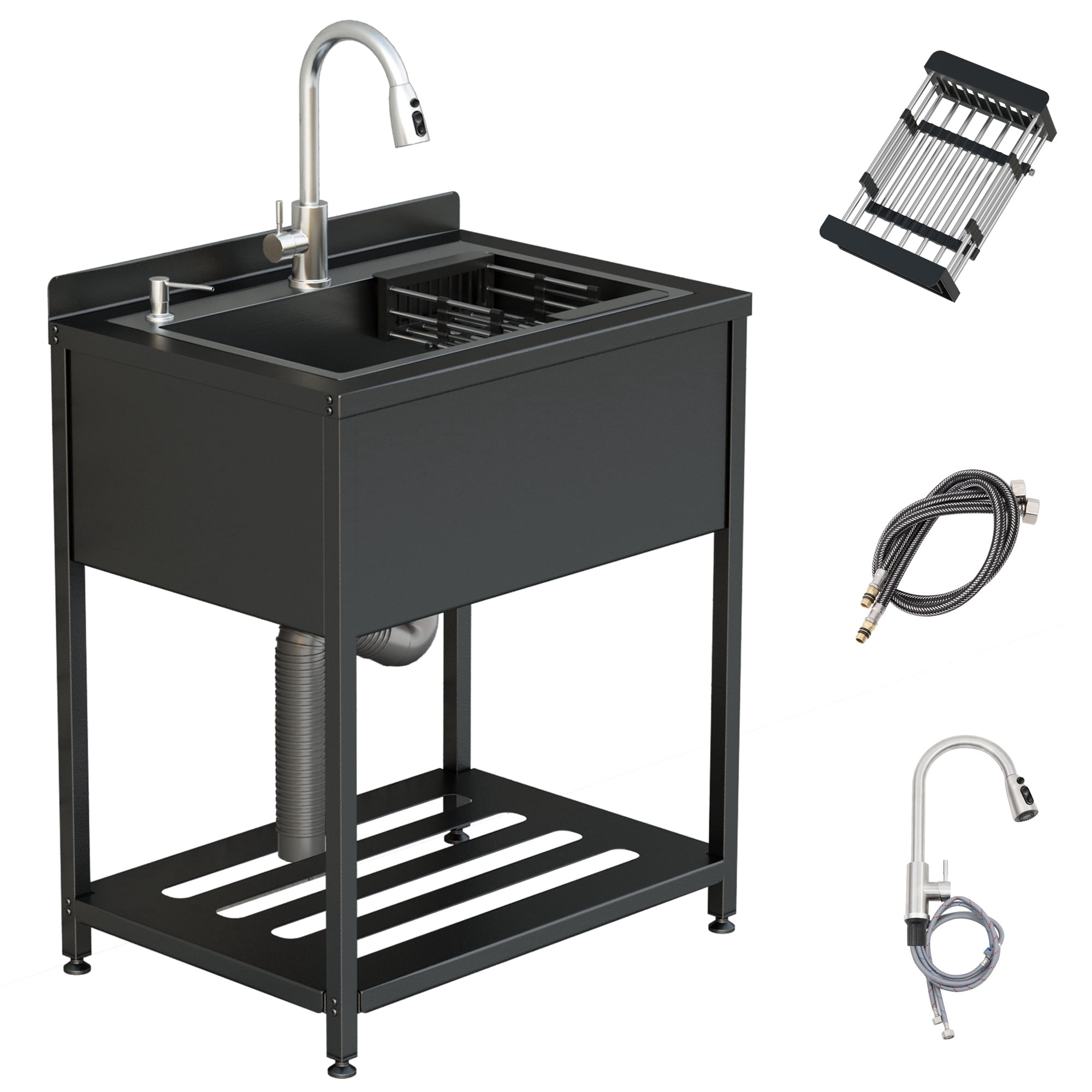 Stainless Steel Utility Sink, 25.7" × 20.7" × 39.5" Freestanding Sink with Cold and Hot Water Faucet, Hoses and Drain Kit for Kitchens, Bathrooms, Garage, Laundry Room