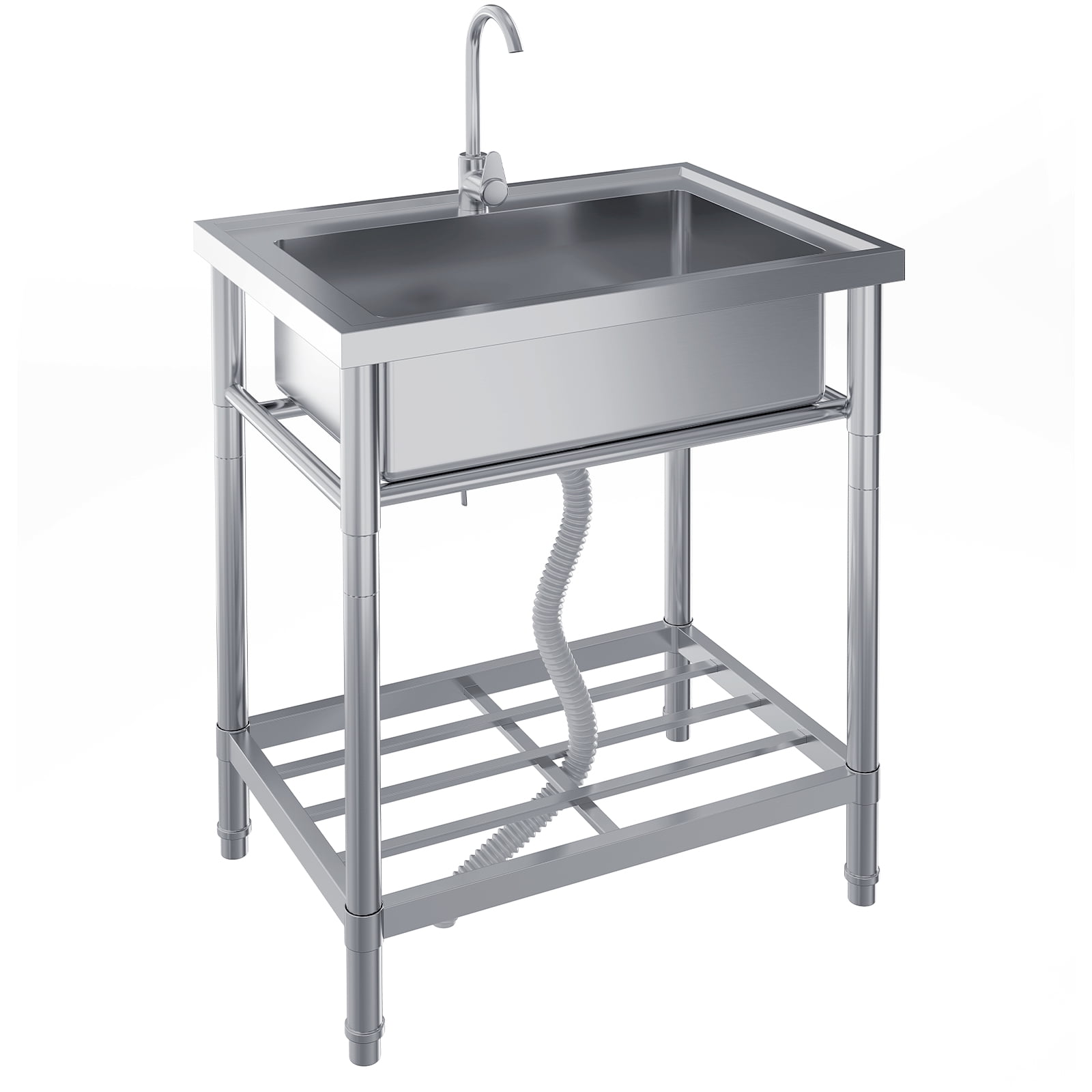 Stainless Steel Utility Sink, 28 Inch Single Bowl Free Standing Sink with Faucet & Hot & Cold Water Plumbing for Laundry Room, Kitchen, Garage, Workshop, Outdoor Use, Deep Basin, Heavy-Duty