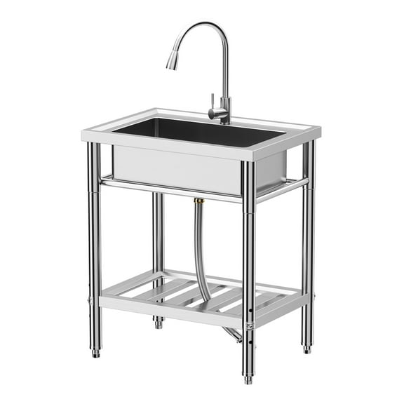 Stainless Steel Utility Sink, 28x20 in, Freestanding Commercial Single Bowl Kitchen Sink with Pull Out Faucet, Hot and Cold Water Pipe & Shelf for Laundry Room, Garage, Shop