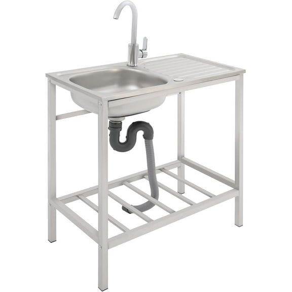 Stainless Steel Utility Sink, 29.5*15.7*29.5 in Free Standing Single Bowl Kitchen Sink with Hot and Cold Faucet & Storage Shelf, Indoor/Outdoor Washing Hand Basin Station for Restaurant