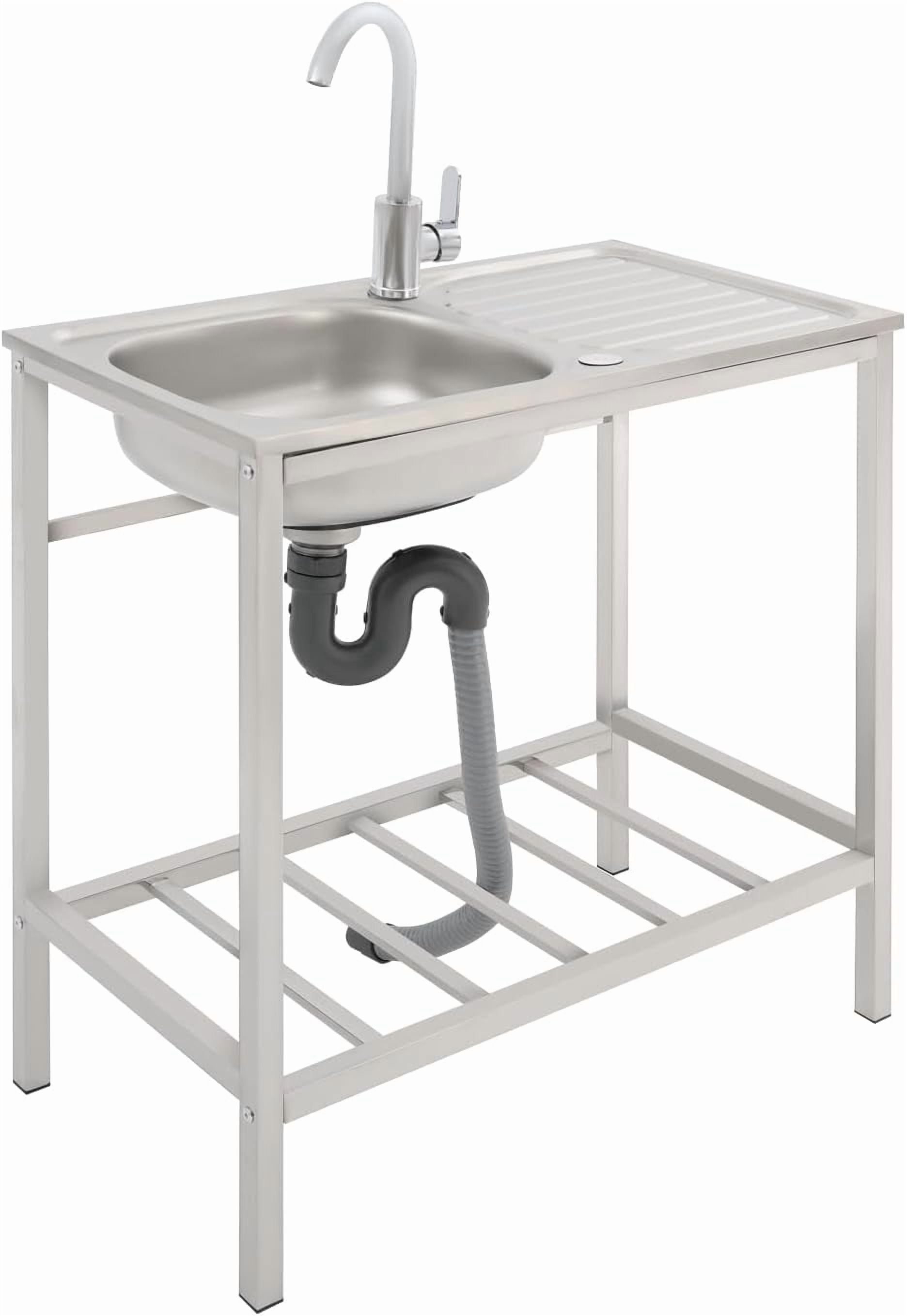 Stainless Steel Utility Sink, 29.5*15.7*29.5 in Free Standing Single Bowl Kitchen Sink with Hot and Cold Faucet & Storage Shelf, Indoor/Outdoor Washing Hand Basin Station for Restaurant