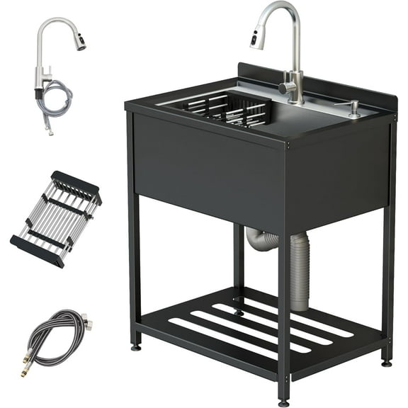 Stainless Steel Utility Sink, 30.8" × 22" × 39.5"Freestanding Sink with Cold and Hot Water Faucet,Hoses and Drain Kit for Kitchens, Bathrooms, Garage, Laundry Room