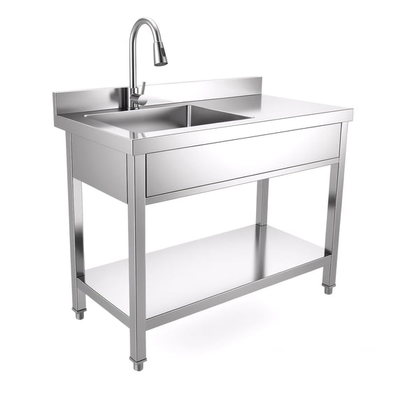 Stainless Steel Utility Sink, 304 Stainless Steel Workbench Single Bowl, 20.47 in Depth with Hot & Cold Water Pipe Storage Commercial Sink for Home Use