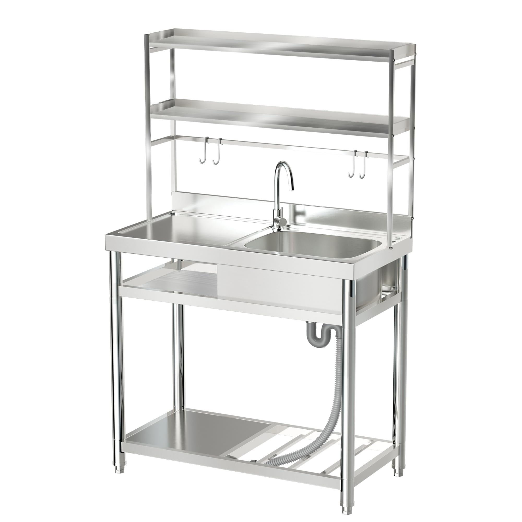 Stainless Steel Utility Sink, 39.4'' Free Standing Commercial Single Bowl Sink with Shelves & Cold and Hot Water Pipe, Laundry Tub for Garage Kitchen - Right Bowl