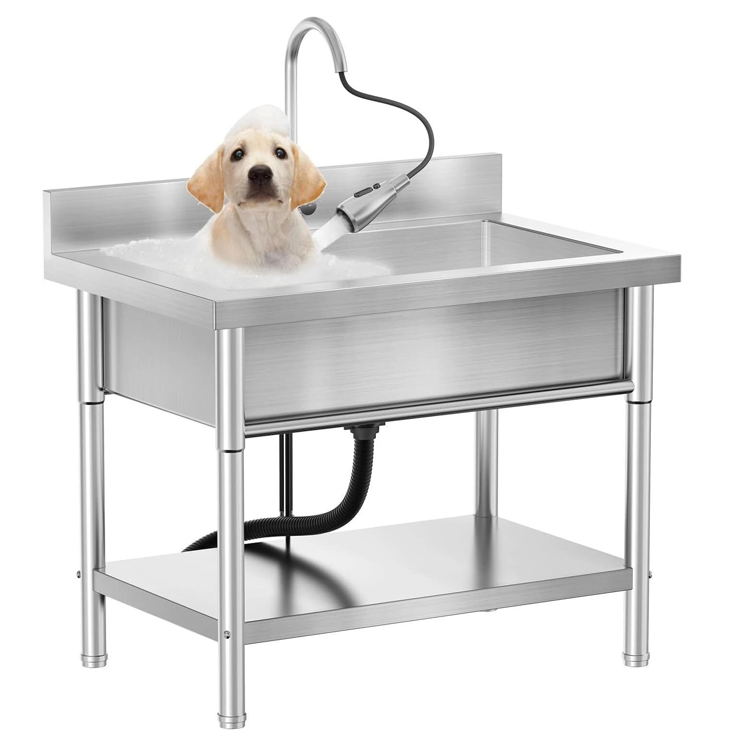 Stainless Steel Utility Sink, 39.5" × 23.6" × 31.5"Freestanding Sink with Pull-Out Cold and Hot Water Faucet,Hoses and Drain Kit for Pet, Kitchens, Bathrooms, Garage, Laundry Room
