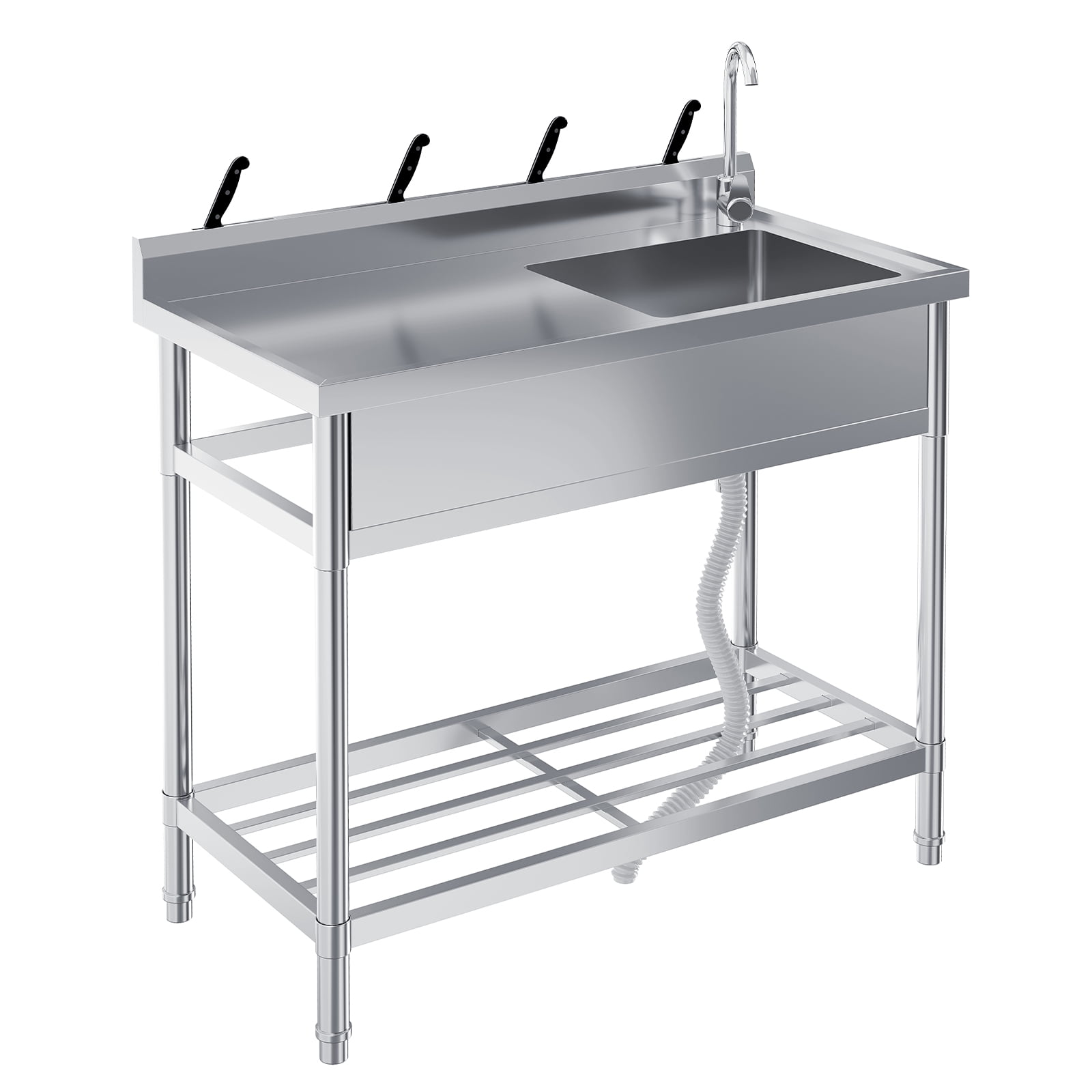 Stainless Steel Utility Sink, 39 Inch Single Bowl Free Standing Sink with Workbench, Faucet & Hot & Cold Water Plumbing for Laundry Room, Kitchen, Garage, Workshop, Outdoor Use, Heavy-Duty