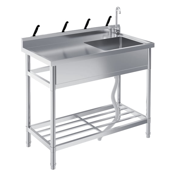 Stainless Steel Utility Sink, 39 Inch Single Bowl Free Standing Sink with Workbench, Faucet & Hot & Cold Water Plumbing for Laundry Room, Kitchen, Garage, Workshop, Outdoor Use, Heavy-Duty