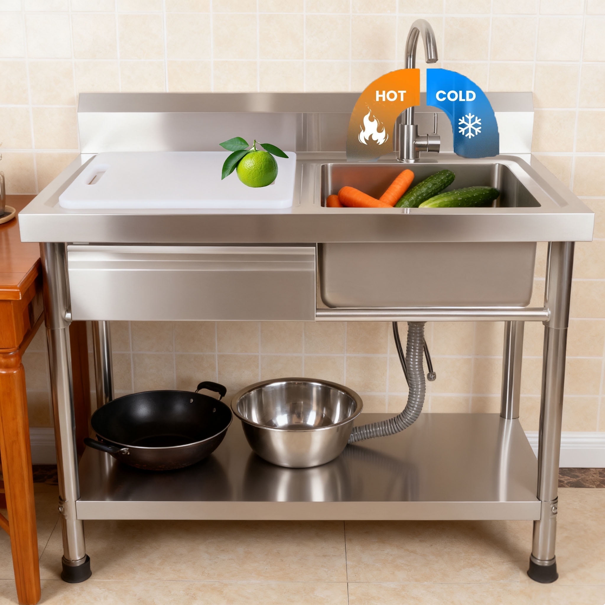 Stainless Steel Utility Sink,40 Inch Commercial Kitchen Sink, Free Standing Single Bowl Kitchen Sink with Drawer & Cold and Hot Water Pipe for Farmhouse Outdoor Laundry Room