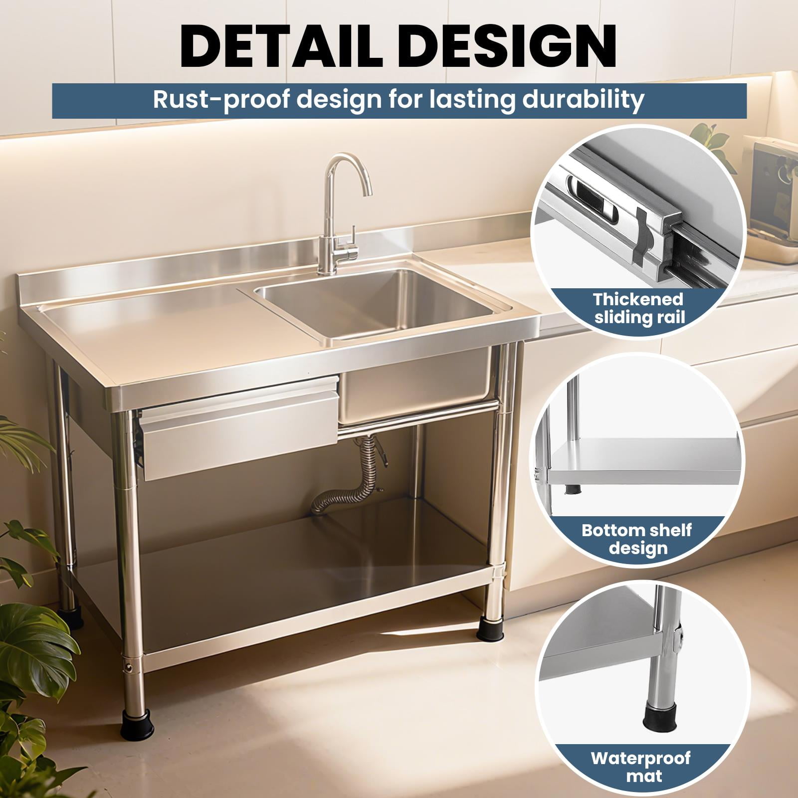 Stainless Steel Utility Sink, 40 Inch Commercial Kitchen Sink, Freestanding Single Bowl Laundry Sink with Drawer & Cold and Hot Water Pipe for Indoor Outdoor Farmhouse