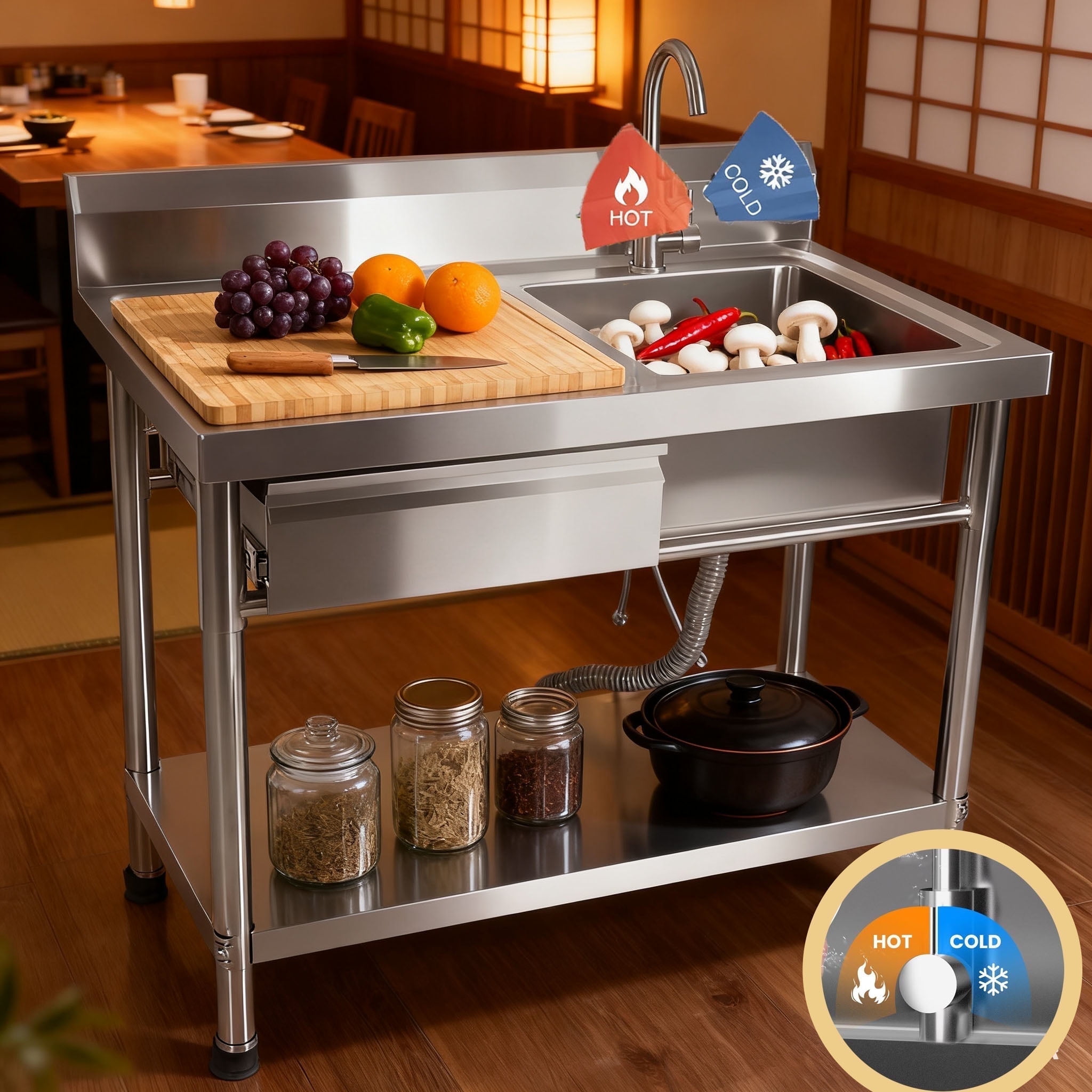 Stainless Steel Utility Sink, 40 Inch Commercial Kitchen Sink, Freestanding Single Bowl Laundry Sink with Drawer & Cold and Hot Water Pipe for Indoor Outdoor Farmhouse