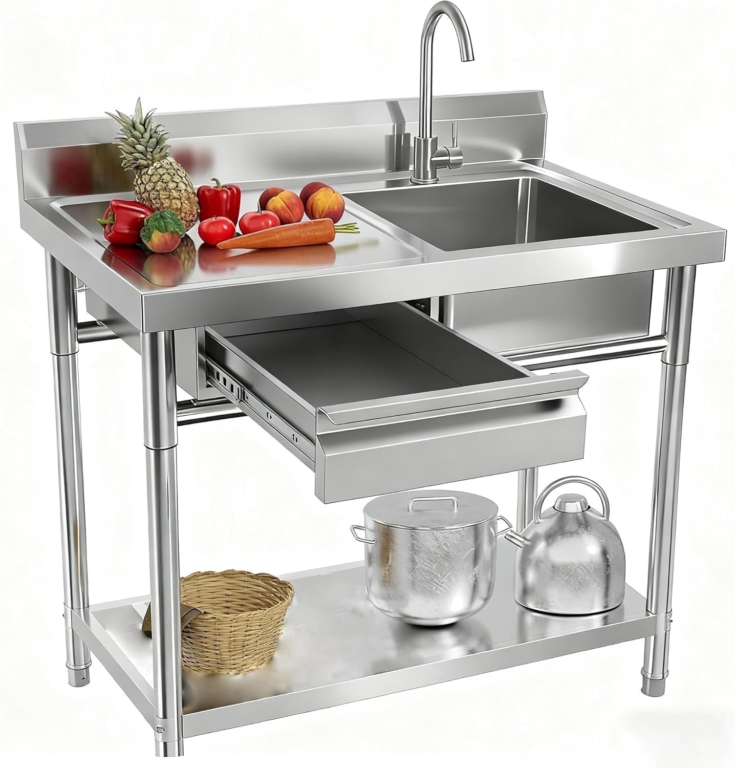 Stainless Steel Utility Sink,40 Inch Free Standing Single Bowl Sink, Commercial Kitchen Sink with Drawer & Cold and Hot Water Pipe for Indoor Outdoor Farmhouse Garage