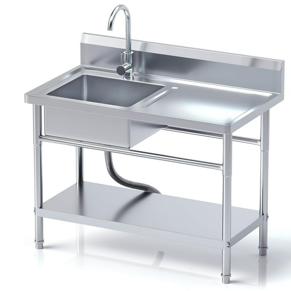 Stainless Steel Utility Sink with Cold and Hot Water Pipes, Free Standing Single Bowl Commercial Kitchen Sink with Workbench,Storage Shelf& Faucet ,For   Kitchen,Bathroom,Farmhouse,Indoor,Outdoor