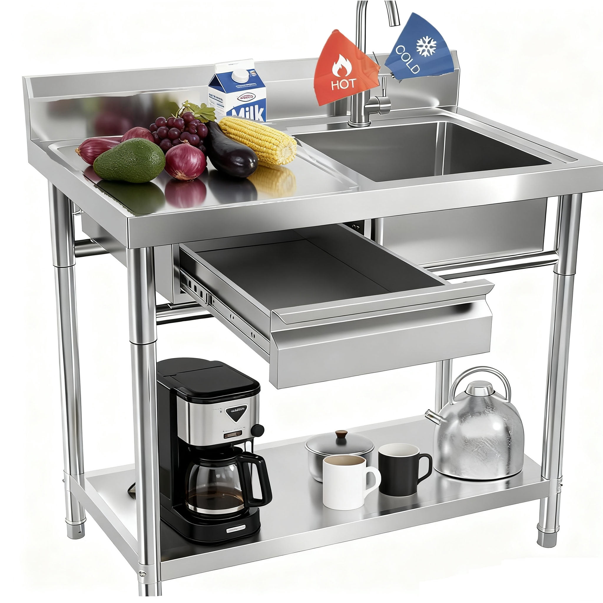 Stainless Steel Utility Sink with Drawer & Cold and Hot Water Pipe, Commercial Triple Bowl Basin, Farmhouse Indoor and Outdoor Sink , 40 Inch for Laundry Room & Patio