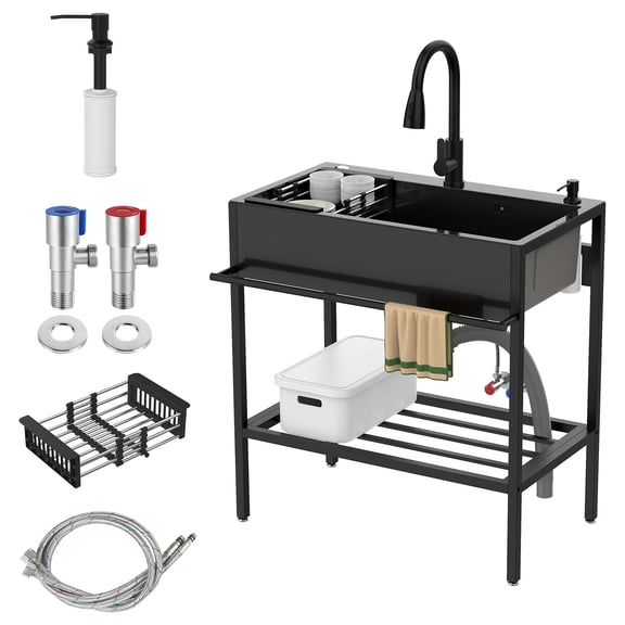 Stainless Steel Utility Sink with Faucet, Single Bowl Laundry Sink Cabinet with Storage Shelf, Free Standing Sink for Laundry Room, Kitchen, Garage, Outdoor