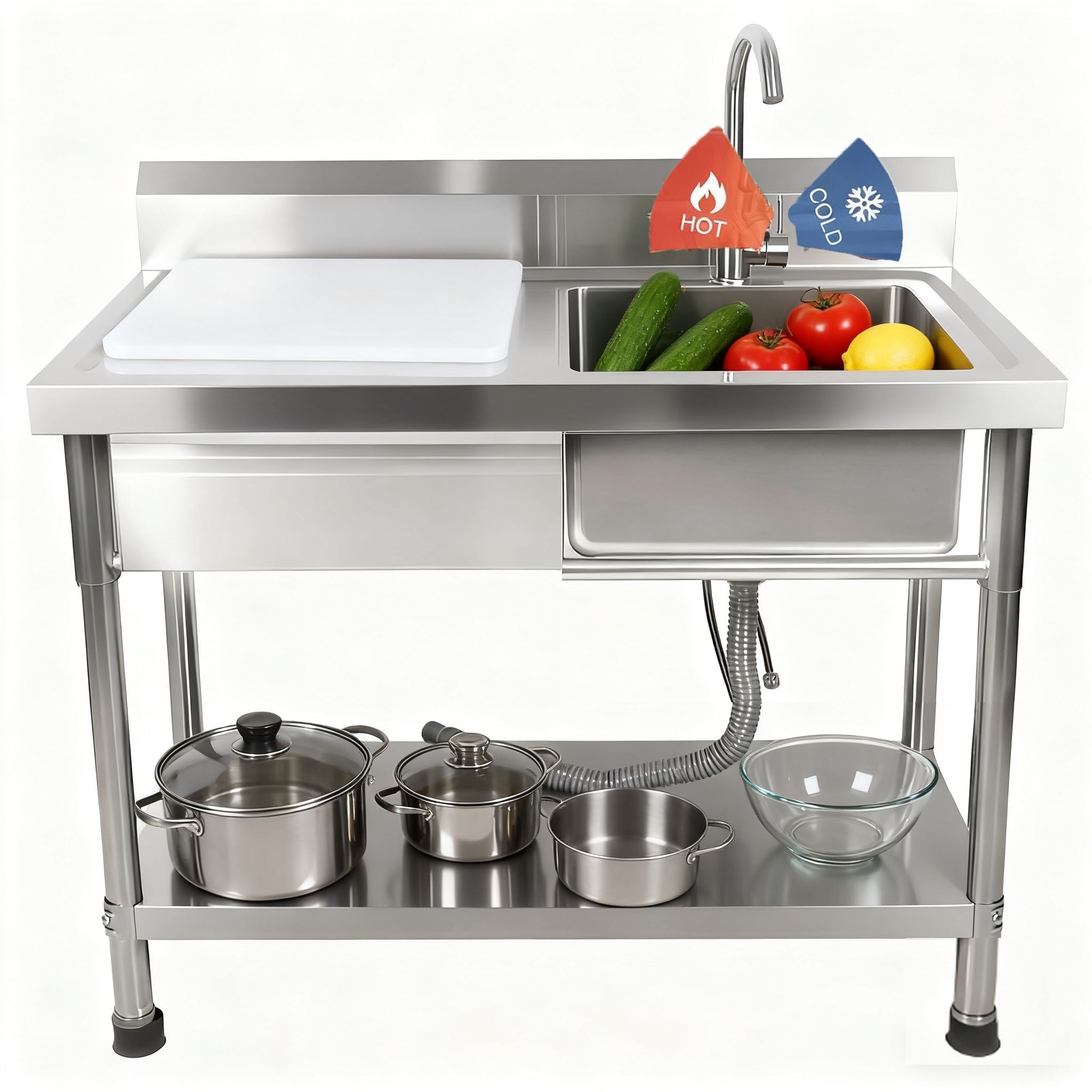 Stainless Steel Utility Sink, Free Standing Single Bowl Kitchen Sink with Drawer and Cold and Hot Faucet(360°), Freestanding Single Bowl Laundry Sink with Workbench for Laundry Room & Outdoor