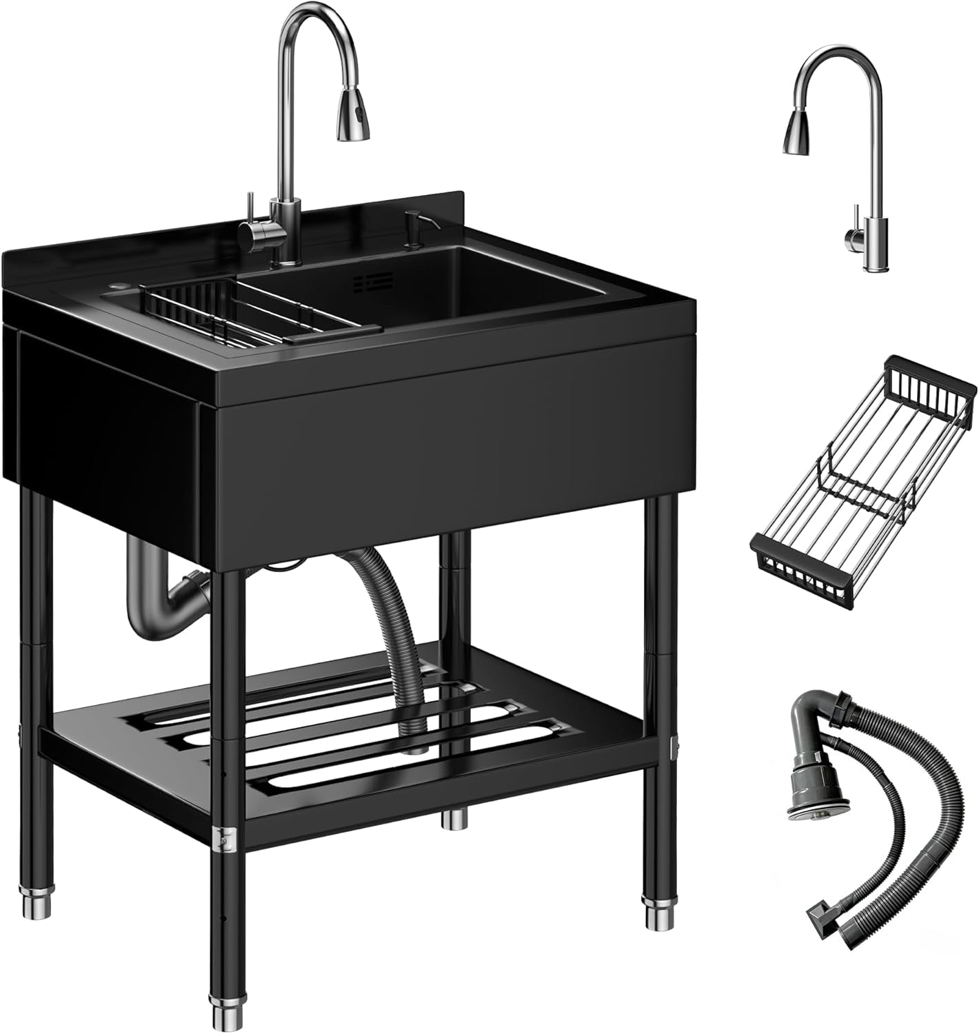 Stainless Steel Utility Sink,Freestanding Deep Basin Work Sink,Heavy-Duty Industrial Sink with Splash for Garage Workshop Laundry Room & Man Cave,Black,25.7" × 20.7" × 39.5"