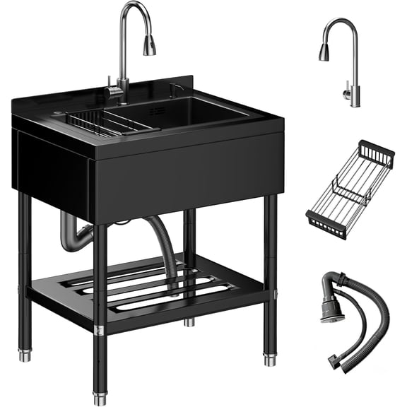 Stainless Steel Utility Sink,Freestanding Deep Basin Work Sink,Heavy-Duty Industrial Sink with Splash for Garage Workshop Laundry Room & Man Cave,Black,25.7" × 20.7" × 39.5"