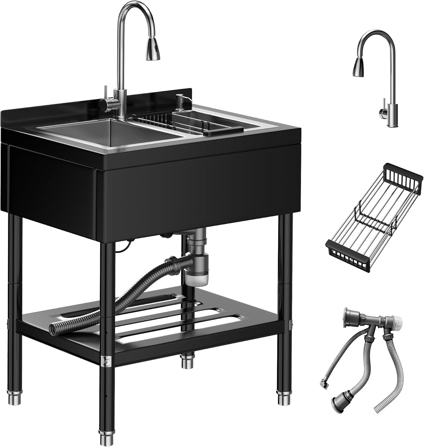 Stainless Steel Utility Sink,Freestanding Deep Basin Work Sink,Heavy-Duty Industrial Sink with Splash for Garage Workshop Laundry Room & Man Cave,Silver,31.1" × 22" × 37.8"