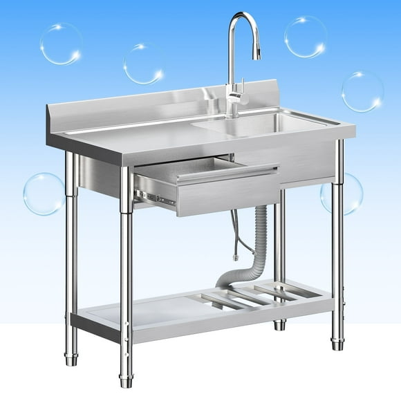 Stainless Steel Utility Sink,Freestanding Kitchen Commercial Sink,Stainless Steel Sink with Hot and Cold Water Pipes and Drawers,Universal Sink for Indoor and Outdoor Use,39.4×19.7×35.4inch