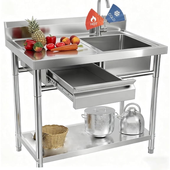 Stainless Steel Utility Sink, Freestanding Single Bowl Laundry Sink with Drawer & Cold and Hot Water Pipe, 40 Inch Free Standing Single Bowl Kitchen Sink for Garage & Laundry Room