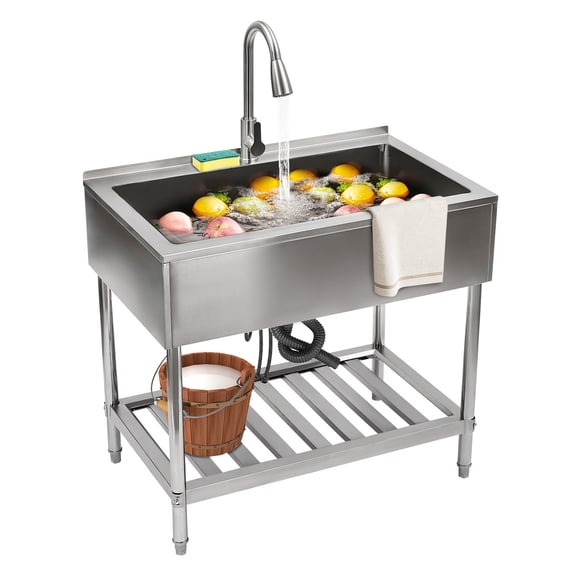 Stainless Steel Utility Sink, Freestanding Single Bowl Laundry Sink with Hot and Cold Pull-Out Faucet, Adjustable Feet & Storage Shelf for Kitchen Laundry Room Restaurant, 36" x 22" x 34"