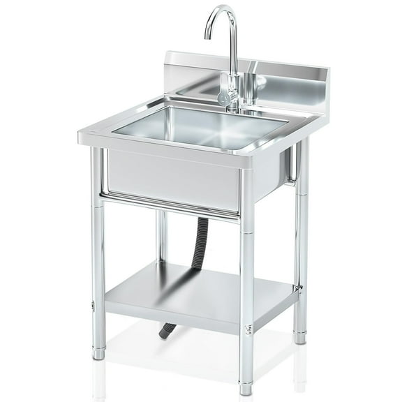 Stainless Steel Utility Sink Freestanding Single Bowl Laundry Sink with Hot and Cold Water Plumbing for Restaurant, Laundry Room, Garage, Commercial Kitchen
